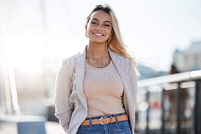 Buy stock photo Business, portrait and happy woman in city for travel, journey or job opportunity outdoor. Face, smile and female entrepreneur at a harbour for cruise ship, adventure or immigration in San Francisco