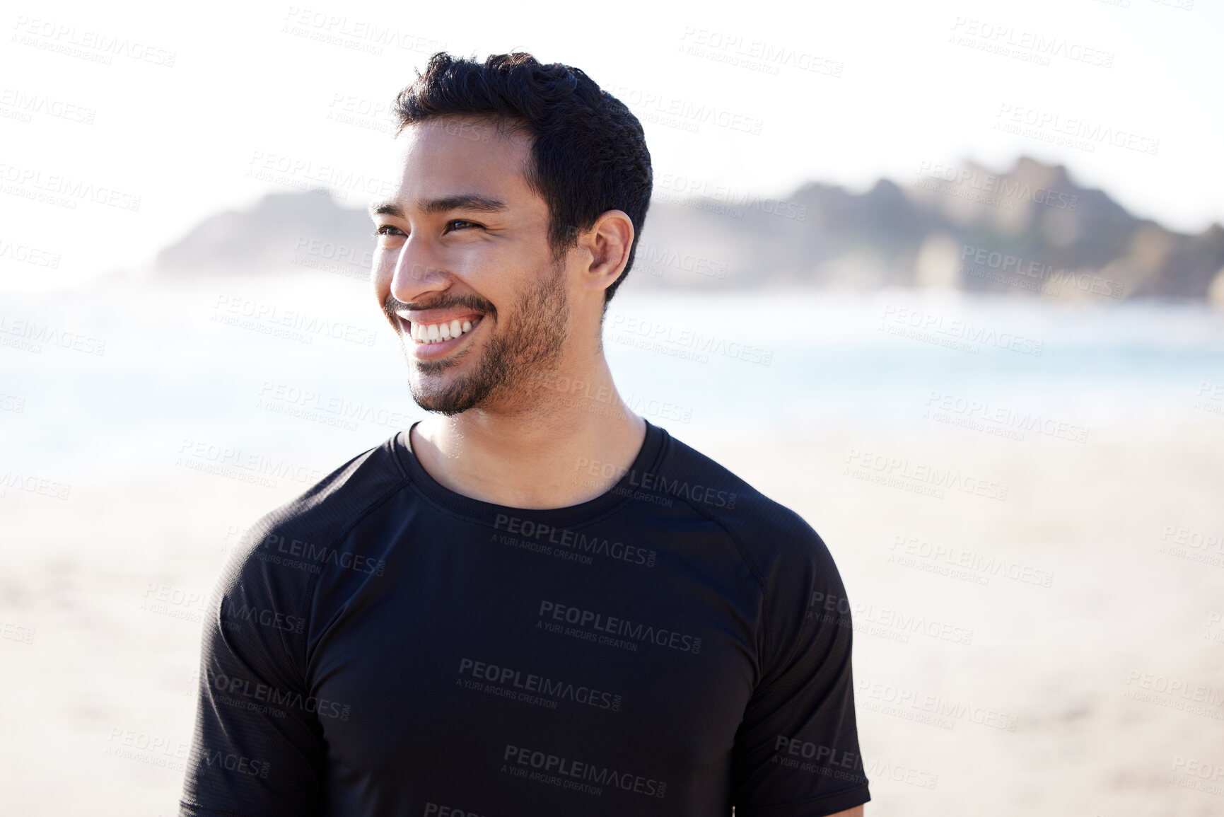 Buy stock photo Nature, fitness and Asian man with smile at beach for outdoor cardio, workout and wellbeing on weekend. Happy, male person and thinking by ocean for sports training, body health and exercise