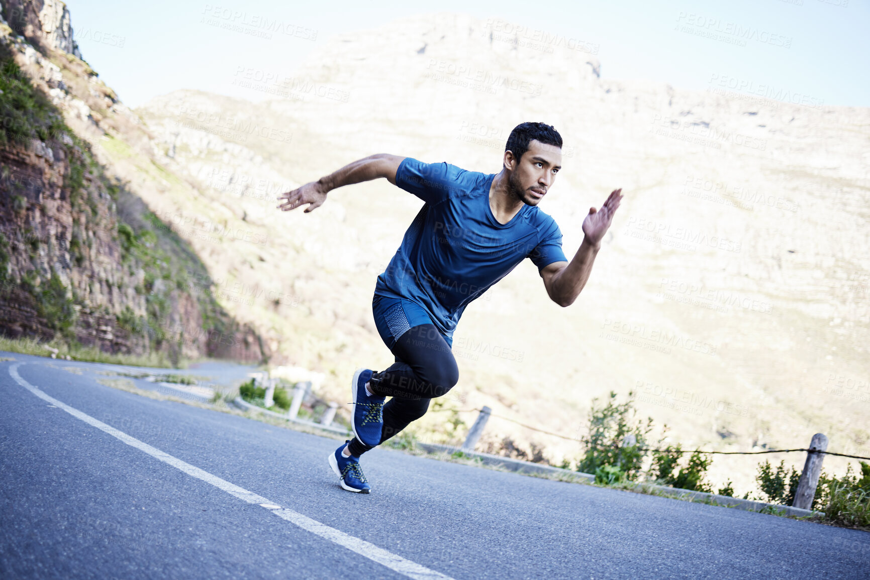 Buy stock photo Mountain, running and man exercise on road with speed on path in summer for fitness and cardio training. Athlete, workout or healthy journey outdoor on countryside marathon with fast sprint or runner