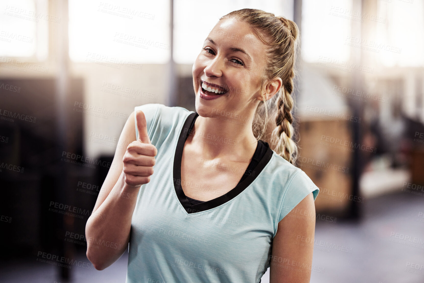 Buy stock photo Woman, portrait and thumbs up for gym exercise or workout approval, good job or support. Female person, face and hand gesture for fitness routine or training results with weight loss, winner or proud