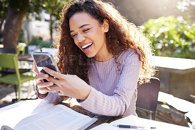 Buy stock photo Phone, study and happy woman at cafe, outdoor campus or college on social media, education and language books. Gen z, park and young african person typing, search or chat on mobile in remote learning