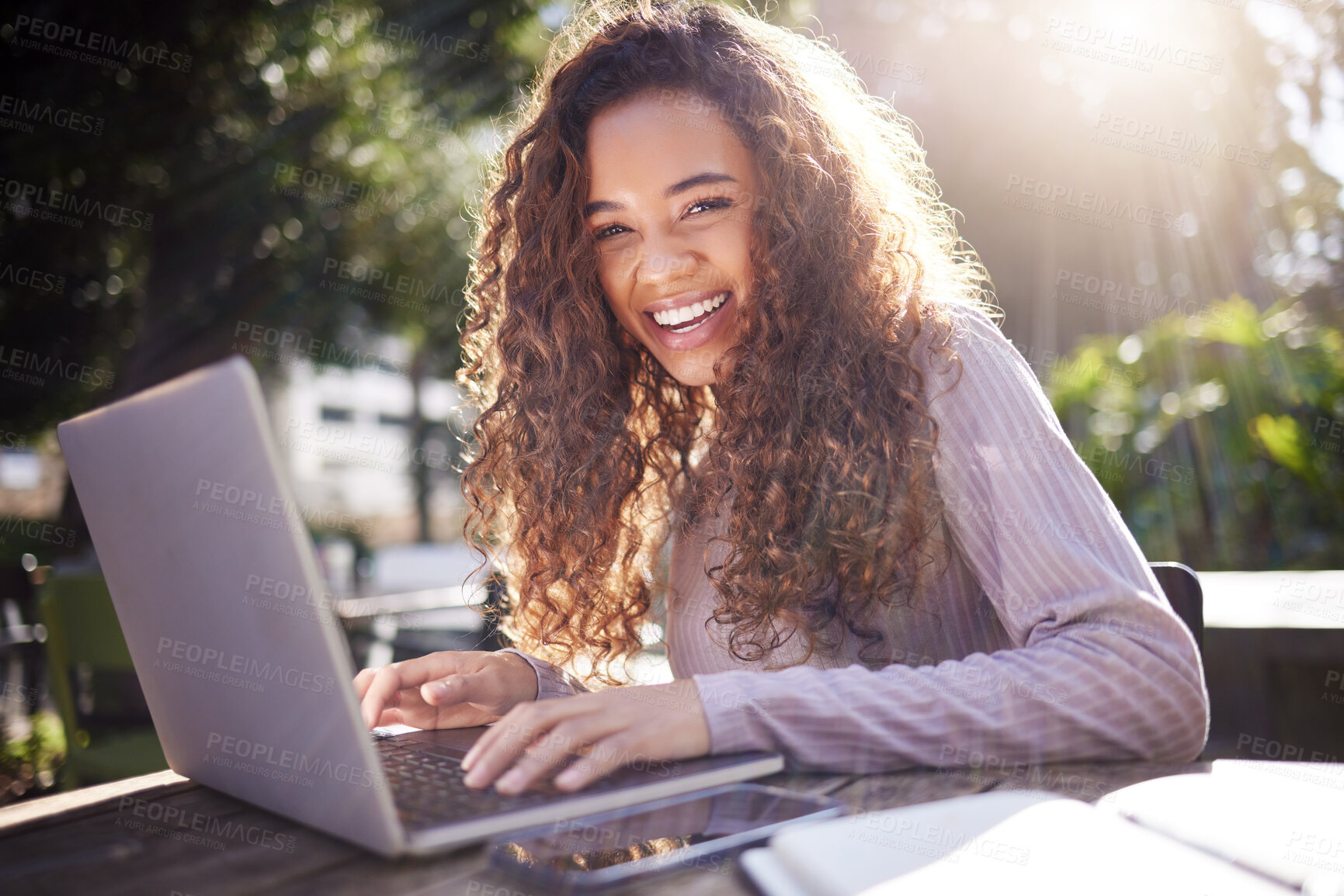 Buy stock photo Portrait, woman and student with a laptop, outdoor and typing with a smile, connection and online reading. Face, female person or girl in a cafe, pc or technology with education, email and university