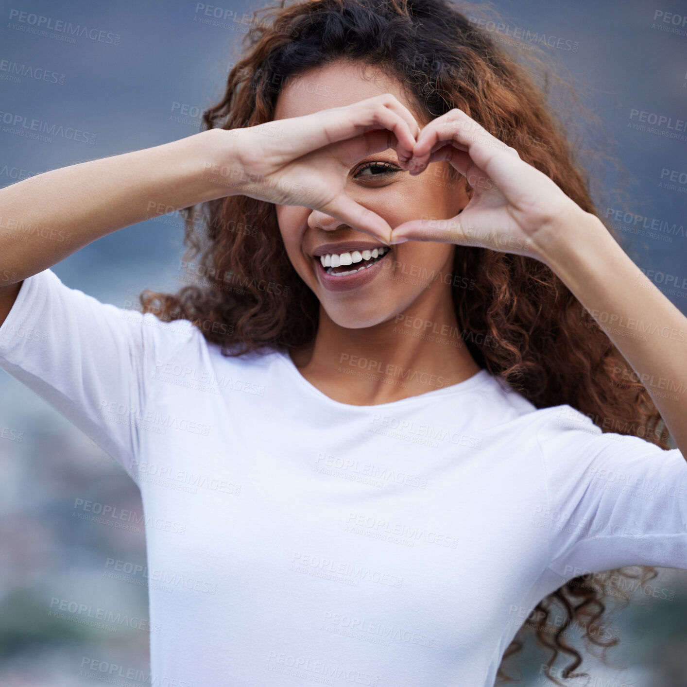 Buy stock photo Woman, outdoor and portrait with heart hands, smile and excited with sign for love, care and kindness. Girl, person and happy for hiking with emoji, icon or symbol for like, vote or choice in nature