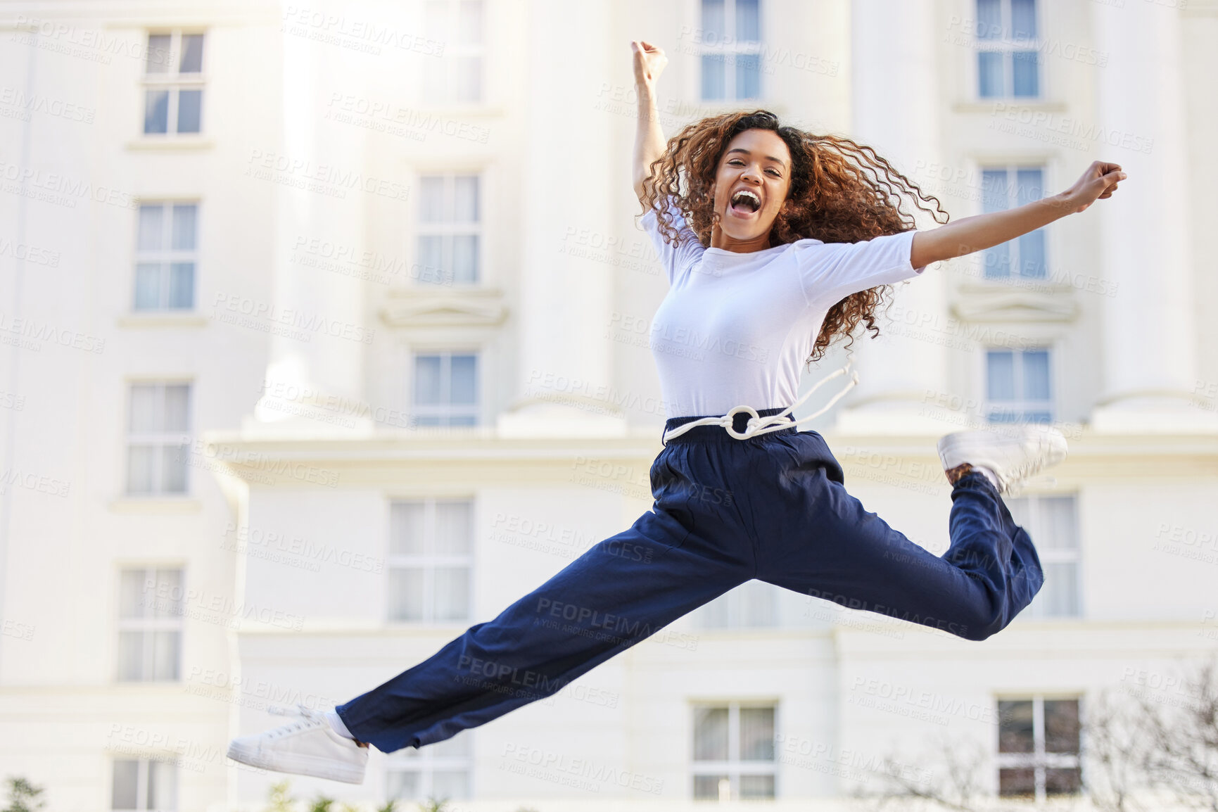 Buy stock photo University student, girl and celebration with jump for portrait with winning, studying and goals for education. Woman, person and excited with cheers, learning and success with results at college