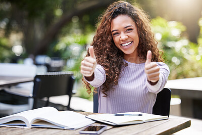 Buy stock photo Thumbs up, studying and portrait of woman at outdoor campus, happy remote work or education books. Study, college and face of student or african person like, yes and thanks or success sign and hands