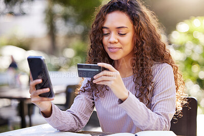 Buy stock photo Woman, smartphone and credit card at a restaurant in the outdoor with checking for finance. Female person, paying and mobile for an online payment at a cafe in nature on an app with technology.