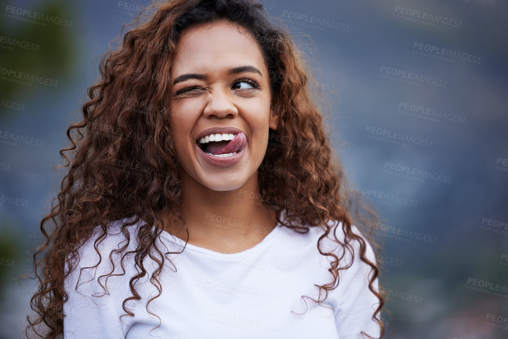 Buy stock photo Running, fitness and woman with funny face wink in nature for training, exercise or cardio break. Silly, moody and gen z runner outdoor with comic expression, fun or quirky personality for workout