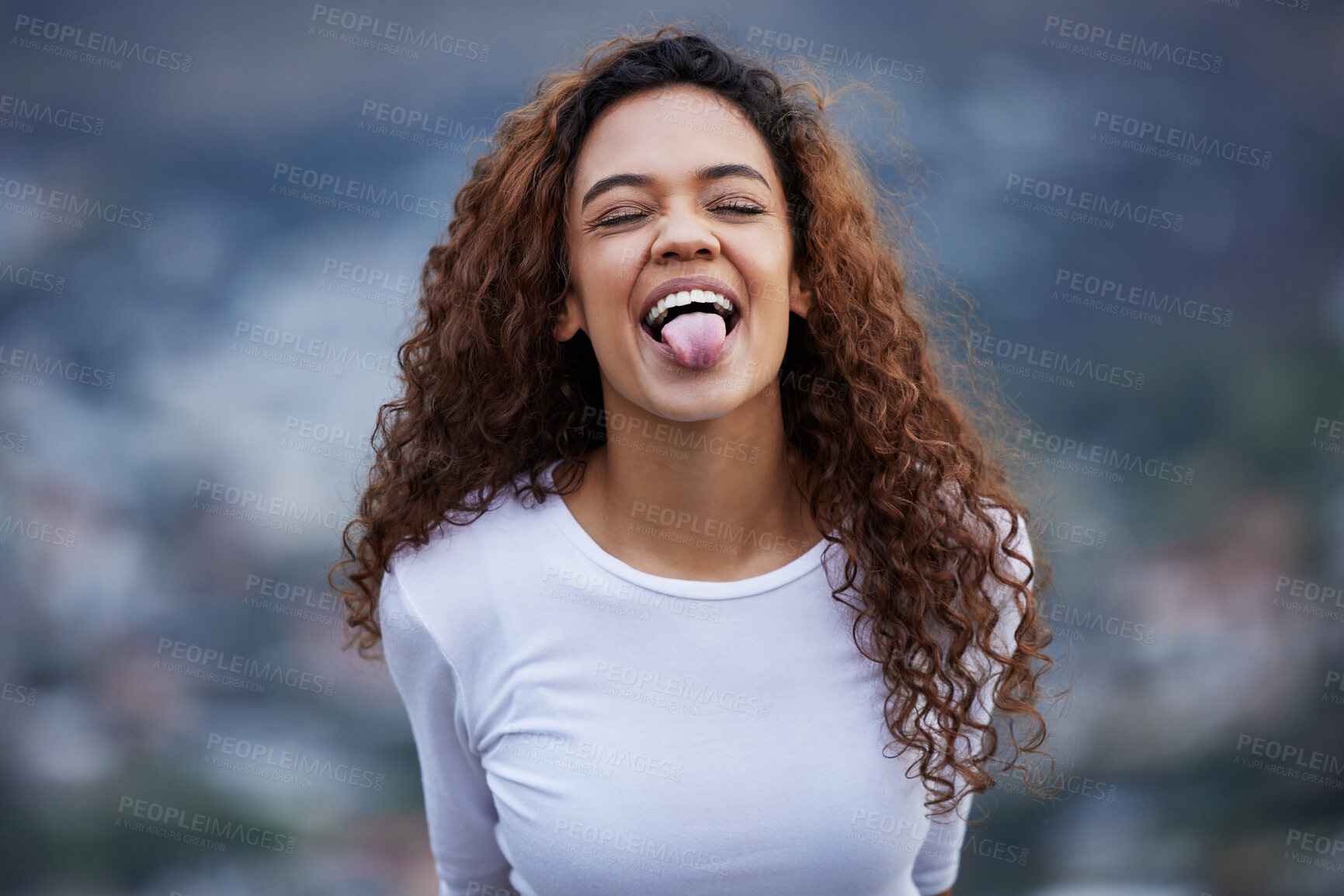 Buy stock photo Funny, face and fitness woman with tongue out in nature for training, exercise or cardio break. Silly, moody and gen z runner outdoor with comic expression, fun or quirky personality for workout