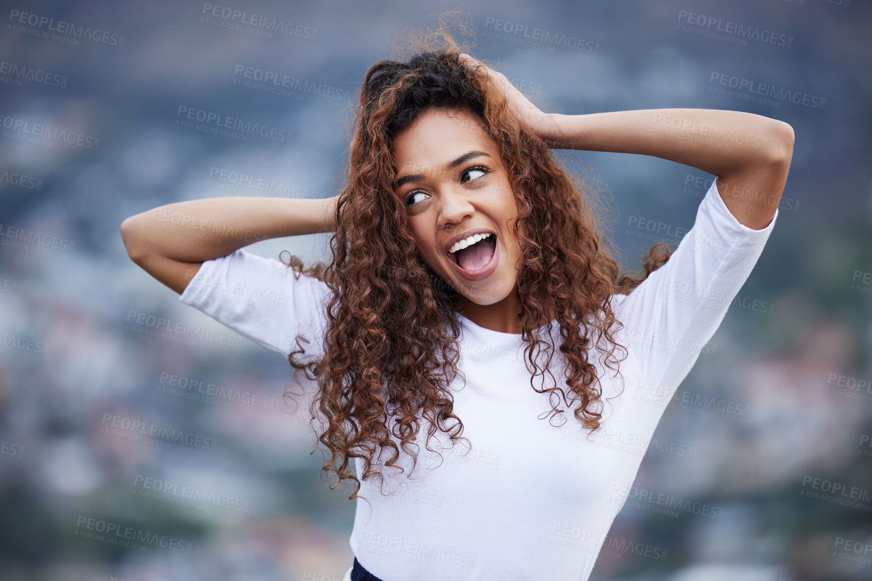 Buy stock photo Happy, smile and woman in nature for travel, fun and morning adventure with blurred city view. Excited, face and gen z girl in Florida for vacation, journey and holiday experience, explore or trip