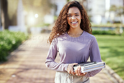 Buy stock photo Woman with smile, books and education with student on campus, learning with scholarship at university and outdoor. Female person in portrait with smile, college course material and mockup space