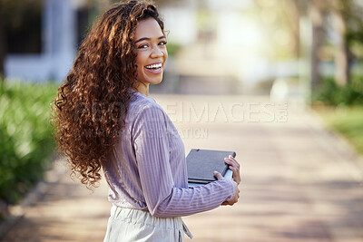 Buy stock photo Woman with smile, books and student in campus garden, university and education with learning material for studying. Female person in outdoor portrait, academic scholarship and mockup space with study