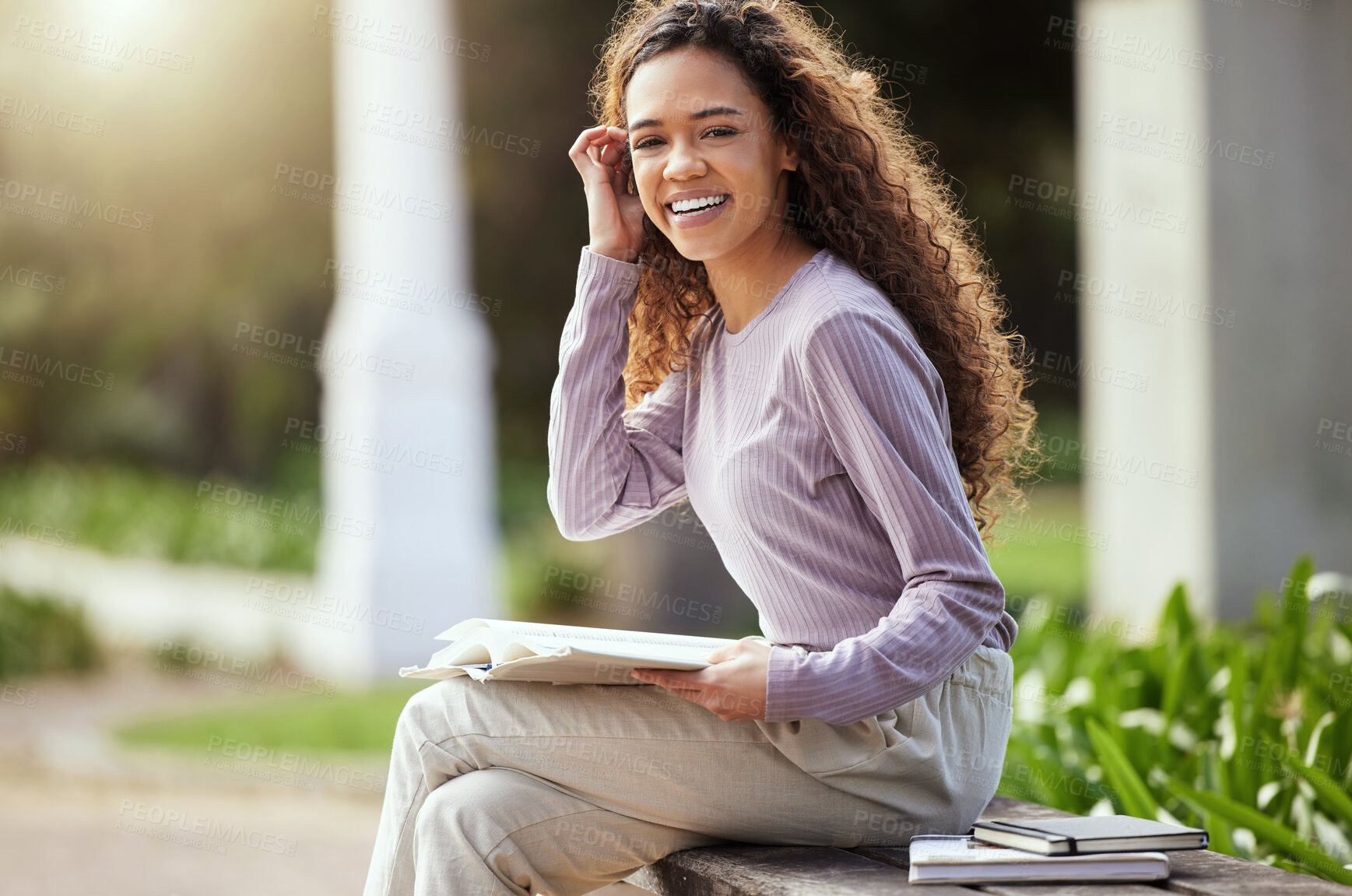 Buy stock photo University, portrait or happy girl with book on campus park bench for reading, study or exam research. Education, college or gen z student outdoor with notebook for homework, learning or project info