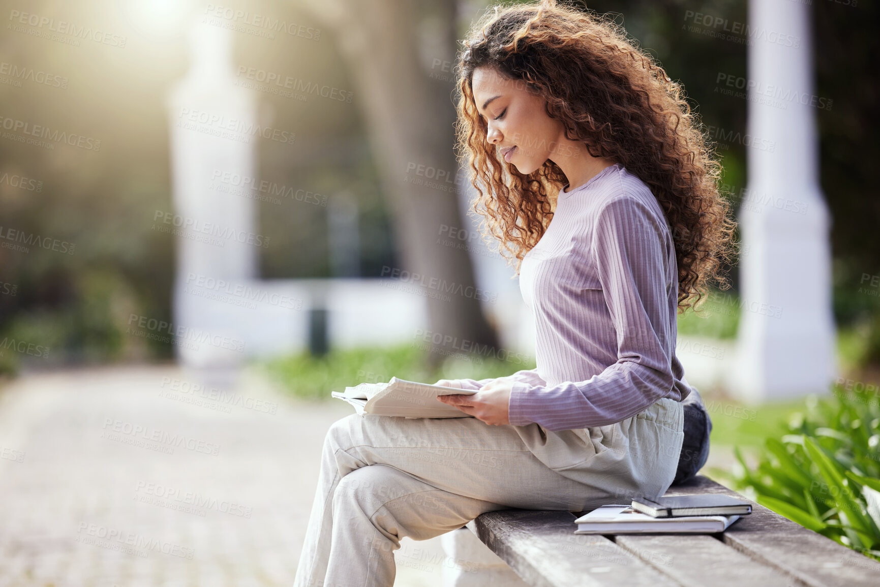 Buy stock photo University, reading and woman with books at campus park for research, study or exam preparation. Education, college and gen z girl student outdoor with notebook for homework, learning or project info