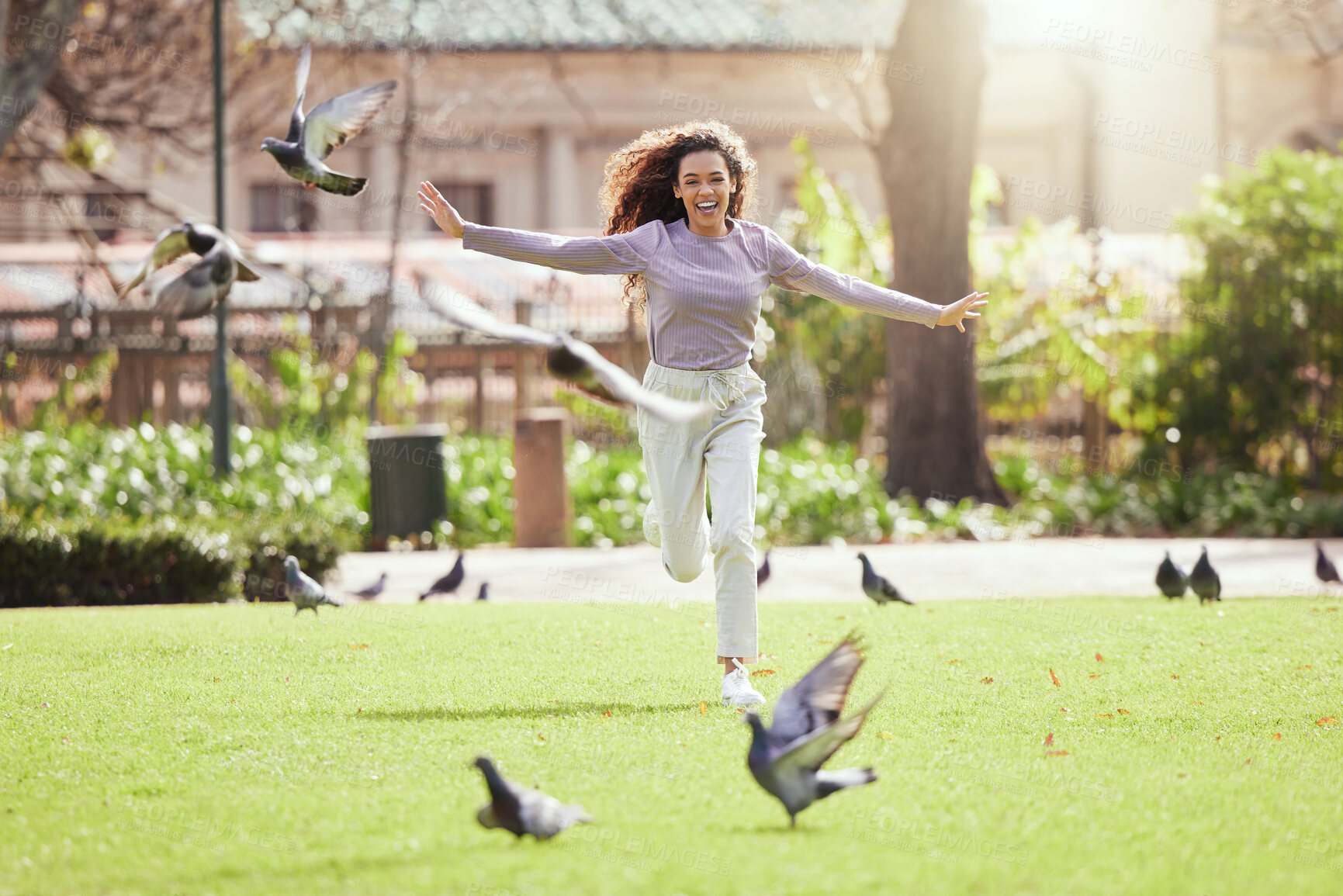 Buy stock photo Woman, happy and chase pigeons in park on grass for comic games, adventure or excited in summer. Girl, person and college student with laughing, play and birds on lawn with running outdoor at campus