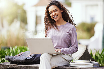 Buy stock photo Woman, books and laptop with university student on campus, learning with scholarship at college and outdoor. Female person smile in portrait, course material and pc for studying with education