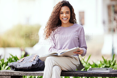 Buy stock photo Happy woman, books and university with student on campus, learning with scholarship at college and outdoor. Female person smile in portrait, course material and textbook for studying with education