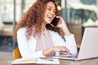 Buy stock photo Phone call, discussion and business woman with laptop for conversation, communication or proposal. Female person, laughing and consultant talking on smartphone for networking, planning or feedback