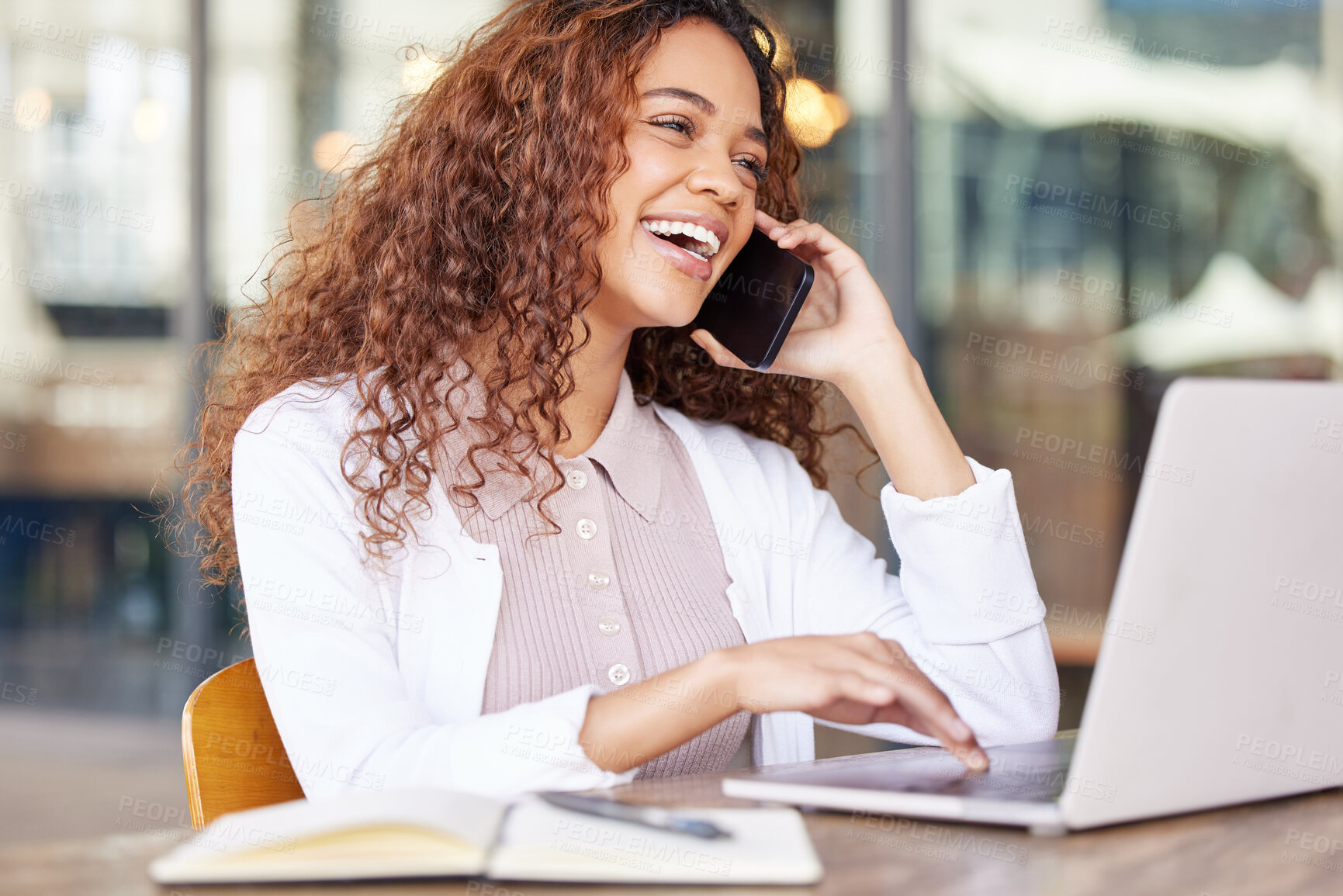 Buy stock photo Phone call, discussion and business woman with laptop for conversation, communication or proposal. Female person, laughing and consultant talking on smartphone for networking, planning or feedback