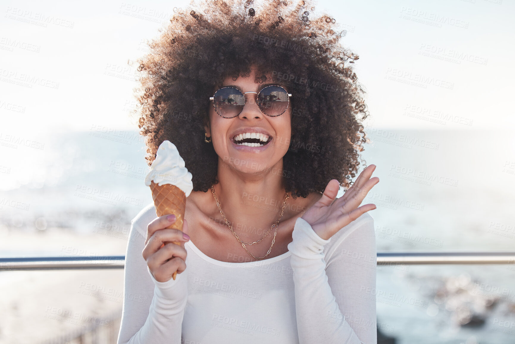 Buy stock photo Happy, ice cream and woman by the sea on a promenade with student travel and spring break. Food, dessert and excited from holiday in Florida eating a cold snack with sunglasses by the ocean with fun