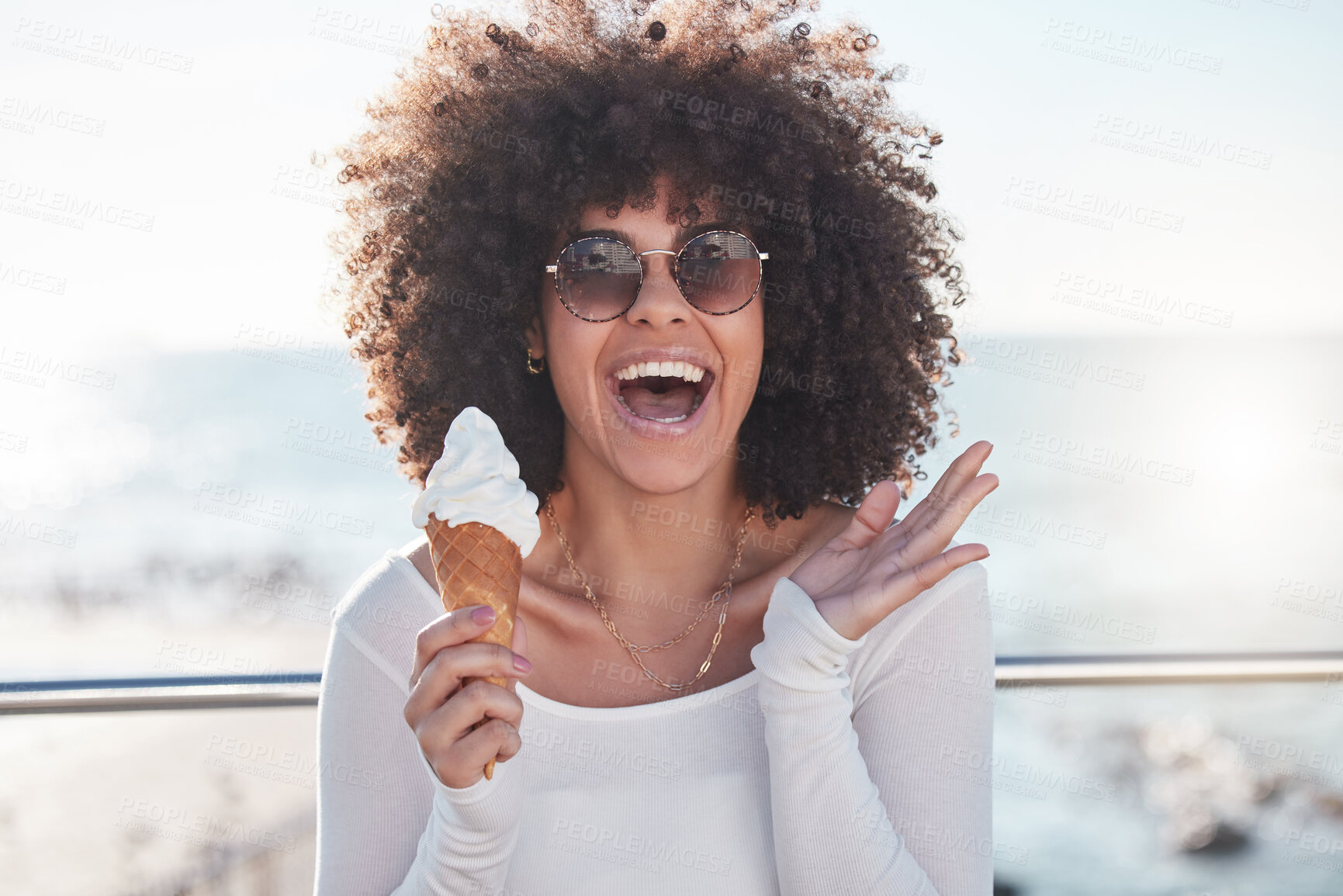 Buy stock photo Happy, ice cream and woman wow by the sea on promenade with student travel and spring break. Food, dessert and excited from holiday in Florida eating a cold snack with sunglasses by ocean with fun