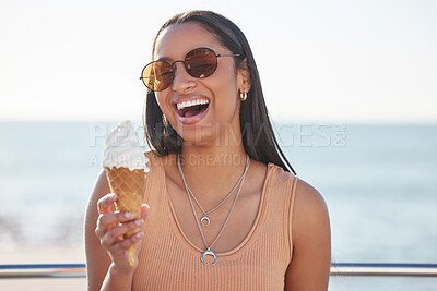 Buy stock photo Laughing, ice cream and woman by the sea on a promenade with student travel and spring break. Food, dessert and excited from holiday in Florida eating a cold snack with sunglasses by ocean with fun