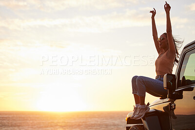 Buy stock photo Sunset, car and woman with freedom by the sea with road trip adventure and journey by the ocean. Excited, travel and spring break with motor in Miami with holiday and vacation fun with mockup space