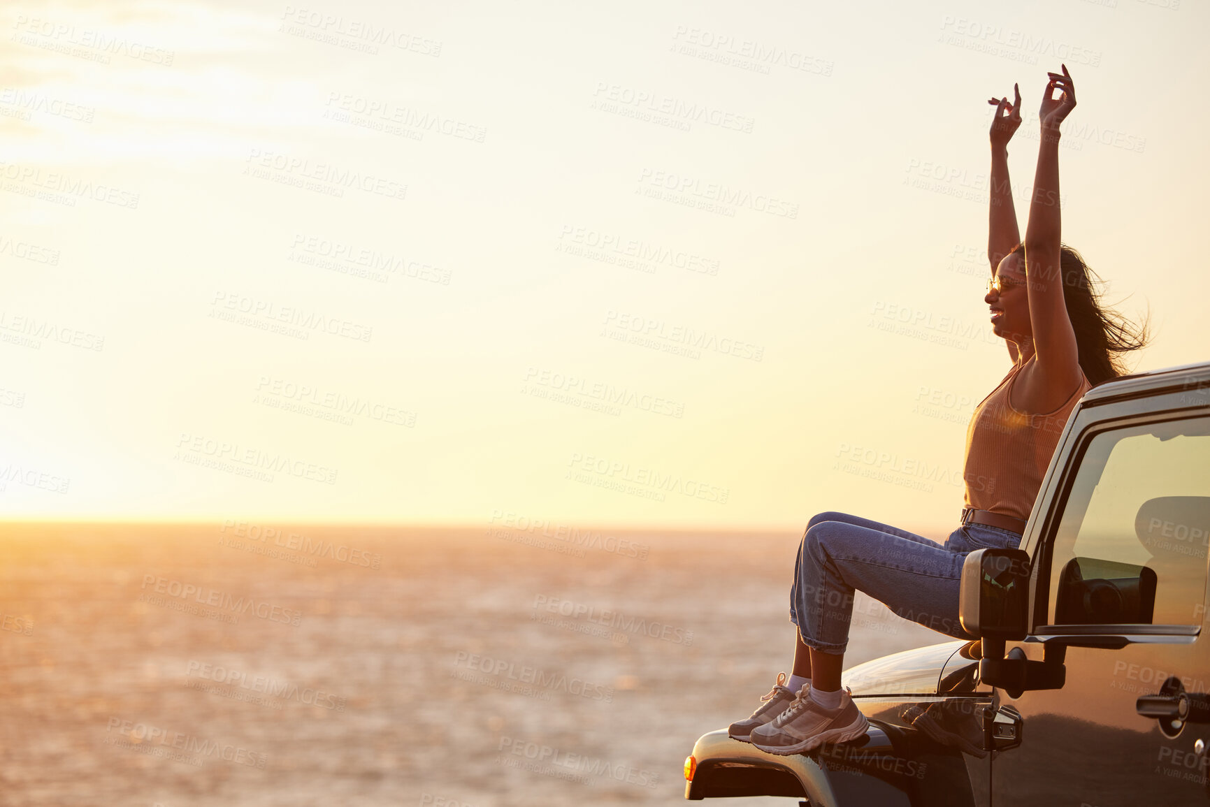 Buy stock photo Sunset, car and happy woman with freedom by the sea with road trip adventure and journey by the ocean. Excited, travel and spring break with motor in Miami with holiday and vacation fun with mockup