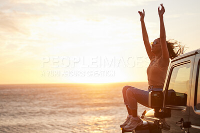 Buy stock photo Sunset, car and woman with freedom by the ocean with road trip adventure and journey by the sea. Excited, travel and spring break with motor in Miami with holiday and vacation fun with mockup space