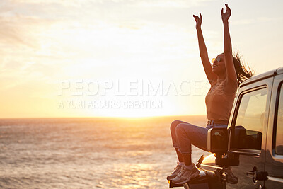 Buy stock photo Sunset, car and excited woman with freedom by the sea with road trip adventure and journey by ocean. Transport, travel and spring break with motor in Miami with holiday and vacation fun with mockup