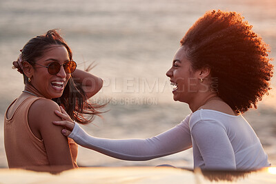 Buy stock photo Laughing, beach sunset and couple of friends with funny joke and bonding on travel with wind. Love, vacation and holiday fun together by the sea and ocean on spring break on adevnture in Florida