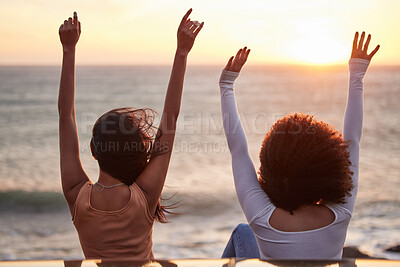 Buy stock photo Freedom, beach sunset and couple of friends on road trip by car with back and arms in air. Transport, vacation and holiday fun together by the sea and ocean on spring break on adventure in Florida