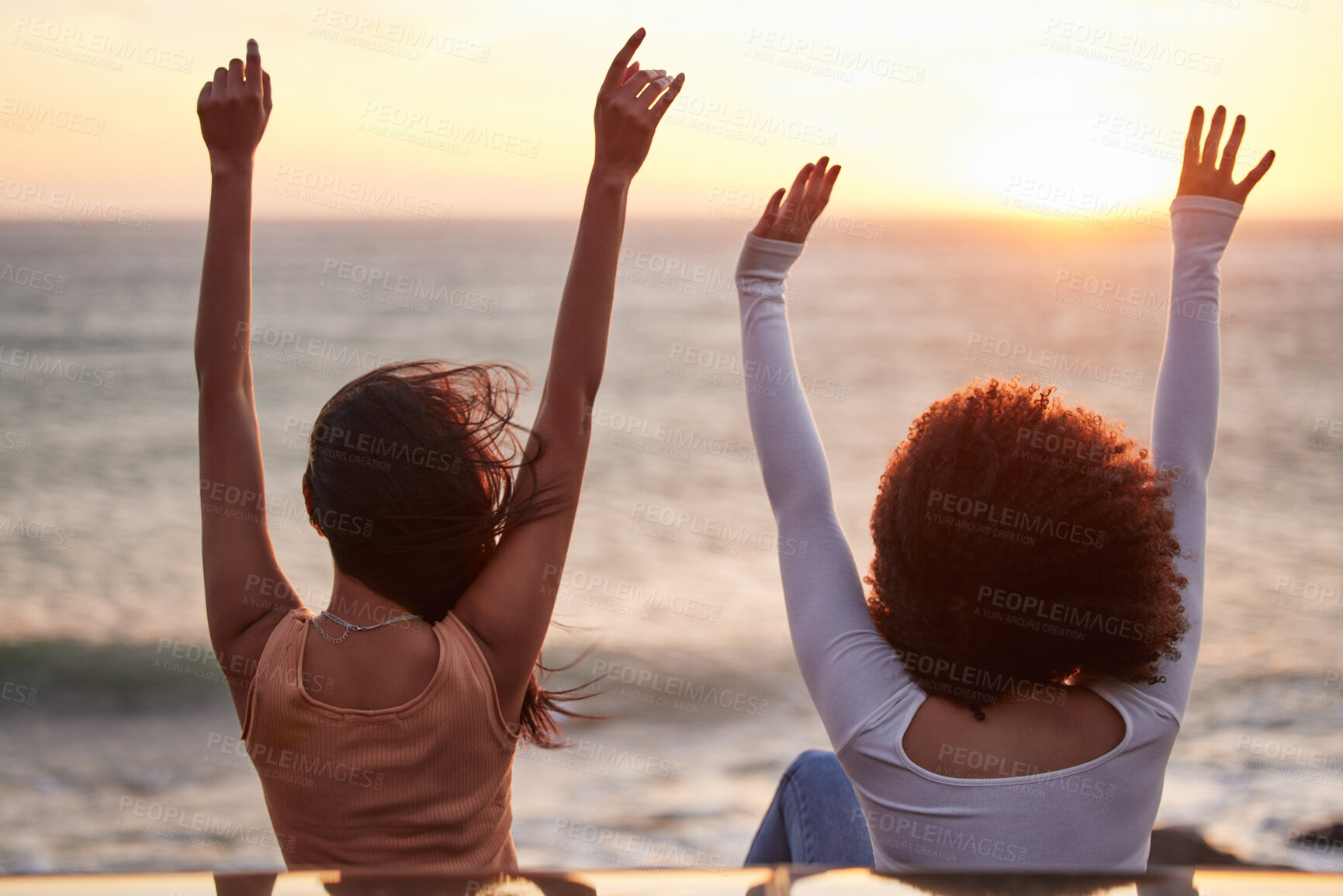 Buy stock photo Freedom, beach sunset and couple of friends on road trip by car with back and arms in air. Transport, vacation and holiday fun together by the sea and ocean on spring break on adventure in Florida