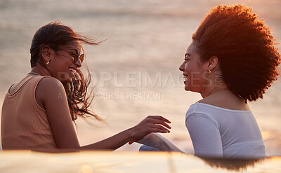 Buy stock photo Laughing, sunset and couple of friends by beach with funny joke and bonding on travel with wind. Love, vacation and holiday fun together by the sea and ocean on spring break on adventure in Florida