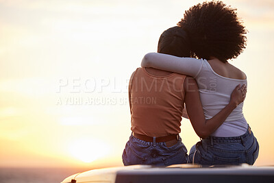 Buy stock photo Love, hug and sunset with lesbian couple at beach for relax, romance and sky mockup space. Lgbtq, freedom and pride with women hugging on nature date for partner, trust and summer vacation