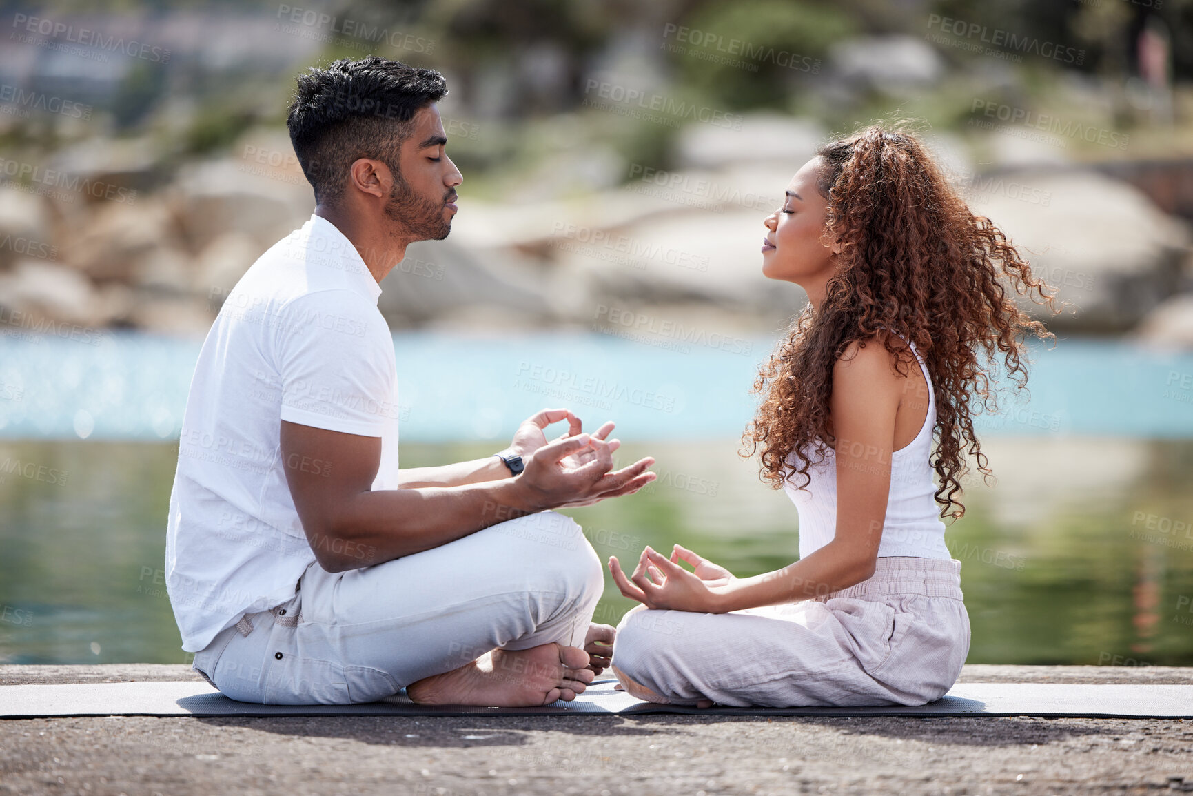Buy stock photo Beach, couple and lotus pose for meditation, mindfulness and holistic wellness outdoor. People, man and woman with zen for bonding in California to relax, peace and mental health in relationship