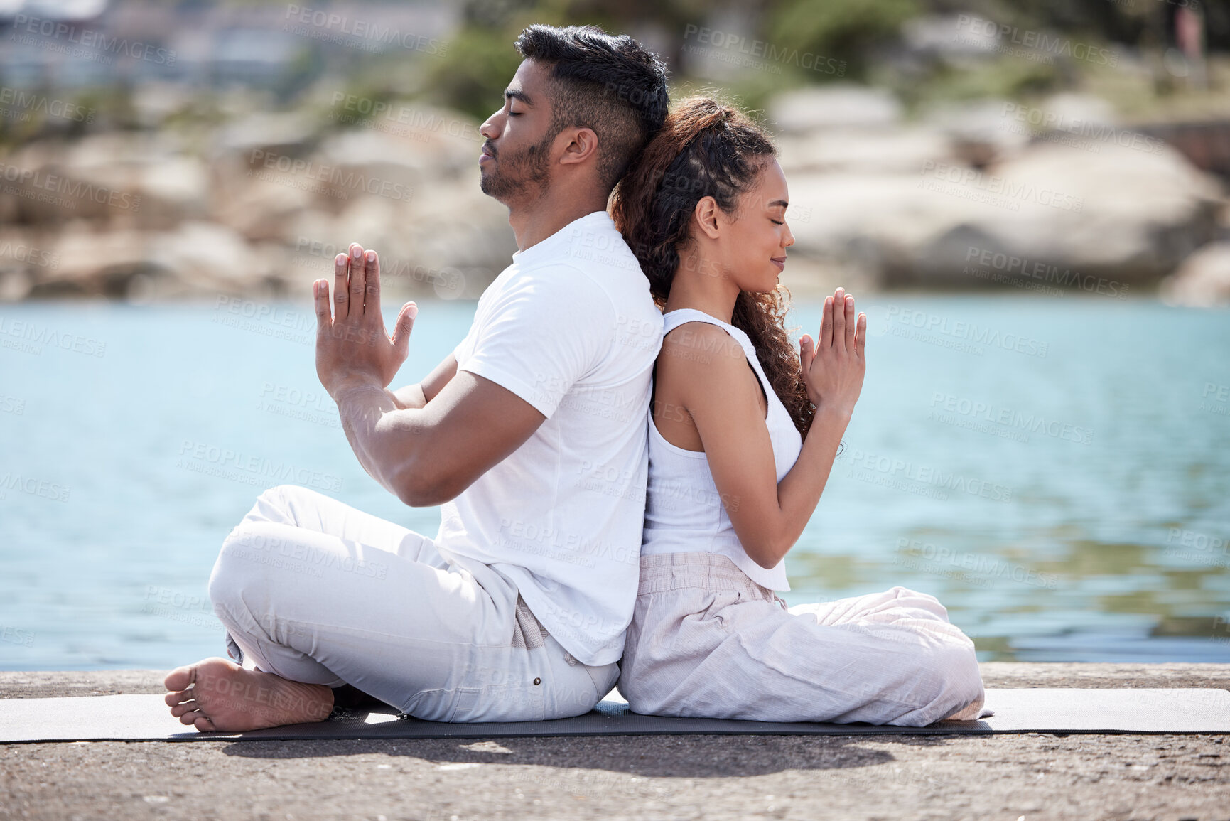 Buy stock photo Meditation, sea and couple with prayer hands for spiritual fitness, mental wellness and namaste. Ocean, pilates and yogi woman with man with eyes closed for zen mindfulness, balanced chi or relax