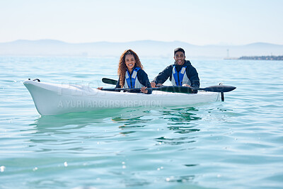 Buy stock photo Couple, kayak and rowing boat on lake, ocean or river for water sports and fitness challenge. Portrait of man and woman with smile for adventure, exercise or travel in nature for freedom and teamwork