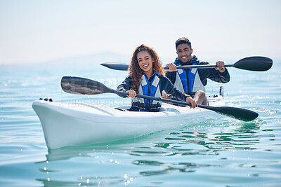 Buy stock photo Kayak, rowing boat and couple on a lake, ocean or river for water sports and fitness challenge. Portrait of man and woman with a paddle and smile for adventure, teamwork exercise or travel in nature