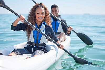 Buy stock photo Kayak, holiday and couple at a lake, summer break and happiness with training, fitness and exercise. Kayaking, man and woman with water sports, fun and travel with adventure, recreation and hobby