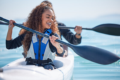 Buy stock photo Kayak, woman and rowing boat on lake, ocean or river for water sports and fitness challenge. African girl and partner with paddle for adventure, exercise or travel in nature with freedom and teamwork