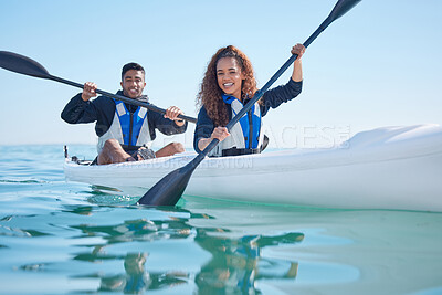 Buy stock photo Couple, kayak and rowing boat on a lake, ocean or river for water sports and fitness challenge. Portrait of happy man and woman with a paddle for adventure, exercise or travel in nature with teamwork
