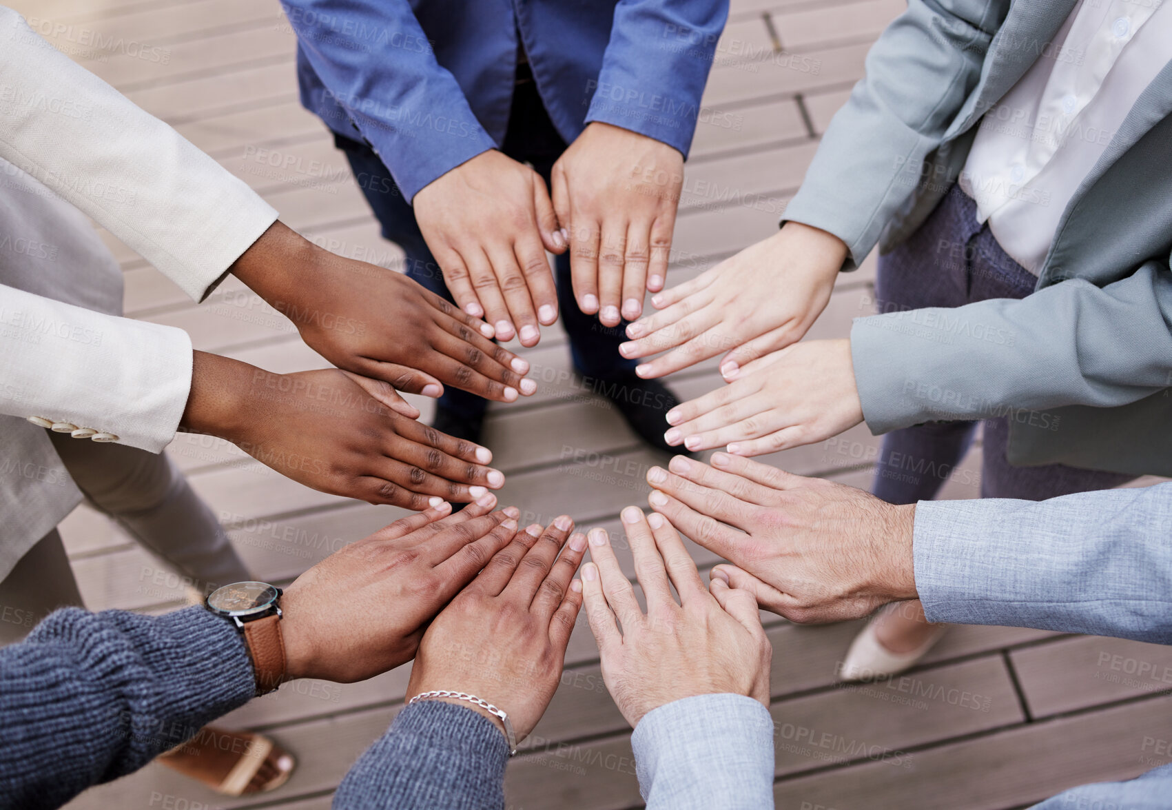 Buy stock photo Business, people hands and diversity and circle, collaboration and teamwork for professional. Employees, trust and solidarity for workplace coworkers outside, goals and company or career mission