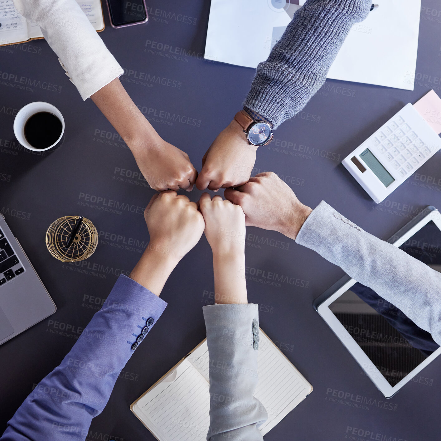 Buy stock photo Fist bump, business people and above in office for meeting with planning, synergy and teamwork. Collaboration, hands and trust in financial company with documents for partnership with technology.