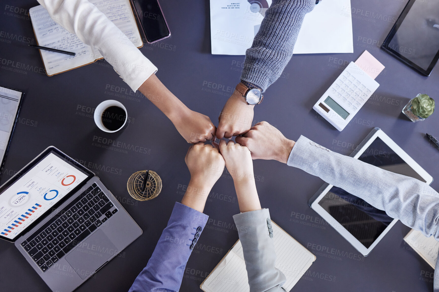 Buy stock photo Business people, fist bump and above in office for meeting with planning, synergy and teamwork. Hands, collaboration and trust in financial company with analytics for partnership with technology.