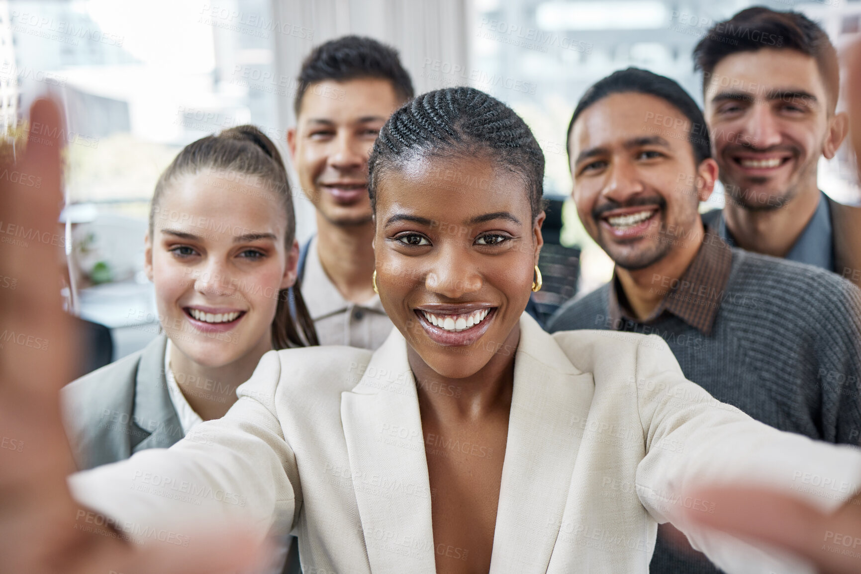 Buy stock photo Black woman, selfie and portrait for team in office for solidarity, diversity or support at insurance agency. Group, people and happy with memory, synergy and collaboration with post on social media