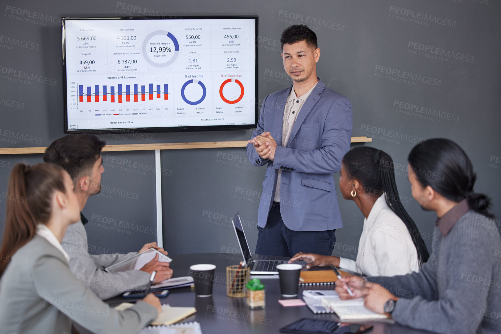 Buy stock photo Man, office and statistics in presentation for feedback, report and progress with clients for company growth. Boardroom, people and teamwork or collaboration for business financial data as accountant