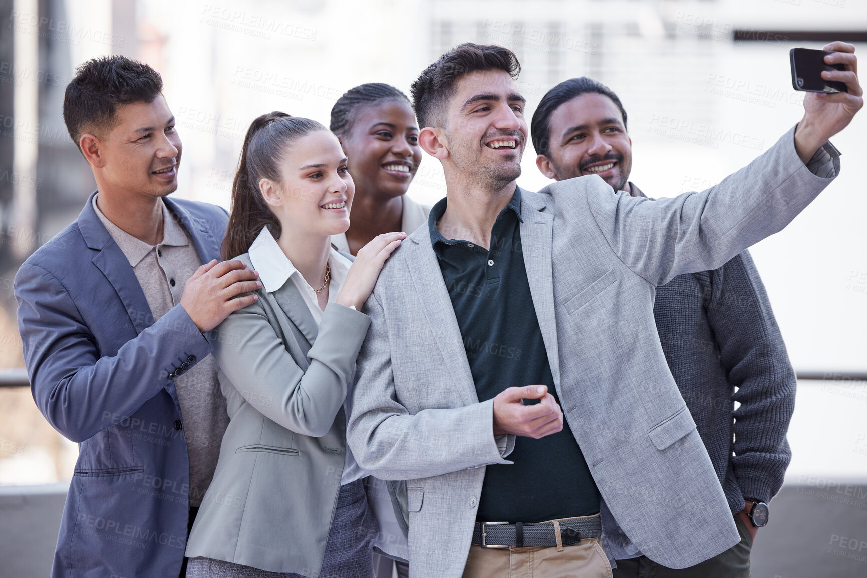 Buy stock photo Business people, happy and selfie with smile in city for team building, pride and company media post. Employees, diversity and collaboration with photography for partnership, support or online update