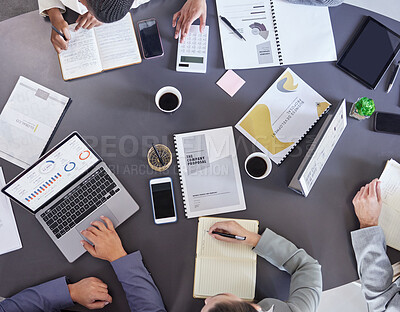 Buy stock photo Aerial shot of a group of businesspeople working together in an office