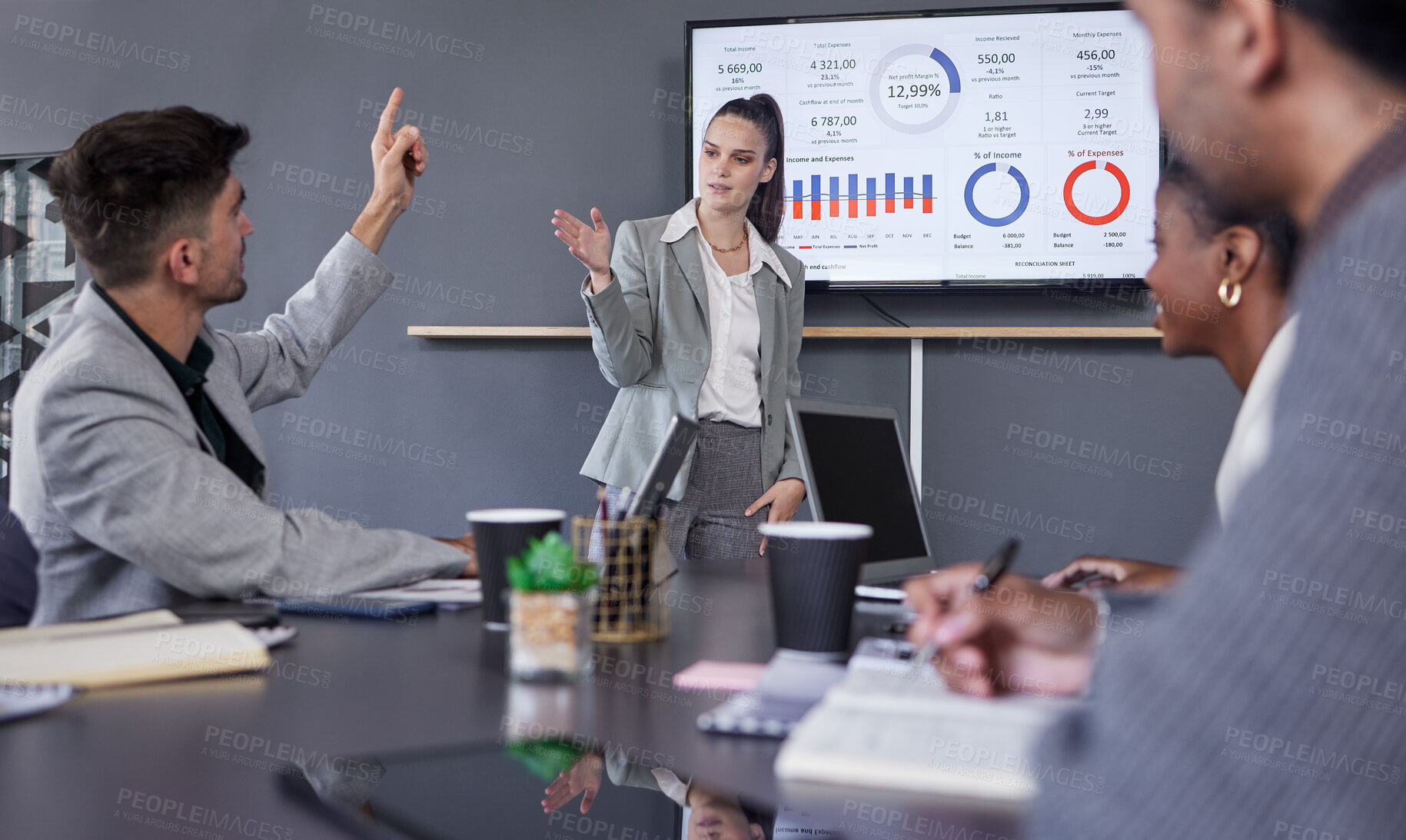 Buy stock photo People, boardroom and statistics in presentation with question for feedback, report and progress with clients. Office, people and teamwork or collaboration for business financial data as accountant