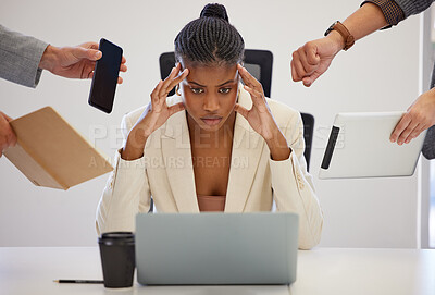 Buy stock photo Business, stress and black woman with a laptop, multitasking and anxiety with deadline, burnout and headache. Female person, employee and consultant with a pc, frustrated and professional with chaos